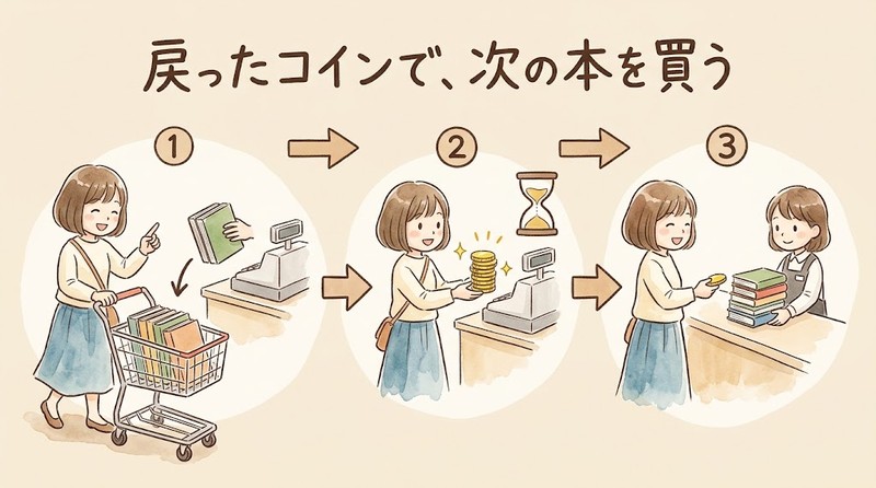 初回購入で戻ったコインを次の購入に使う2段構えの流れ図